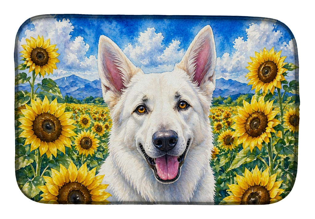 White German Shepherd in Sunflowers Dish Drying Mat Absorbent Dish Drying Mat Pad for Kitchen Counter Dish Drainer Mat for Countertop, 14 x 21", Multicolor
