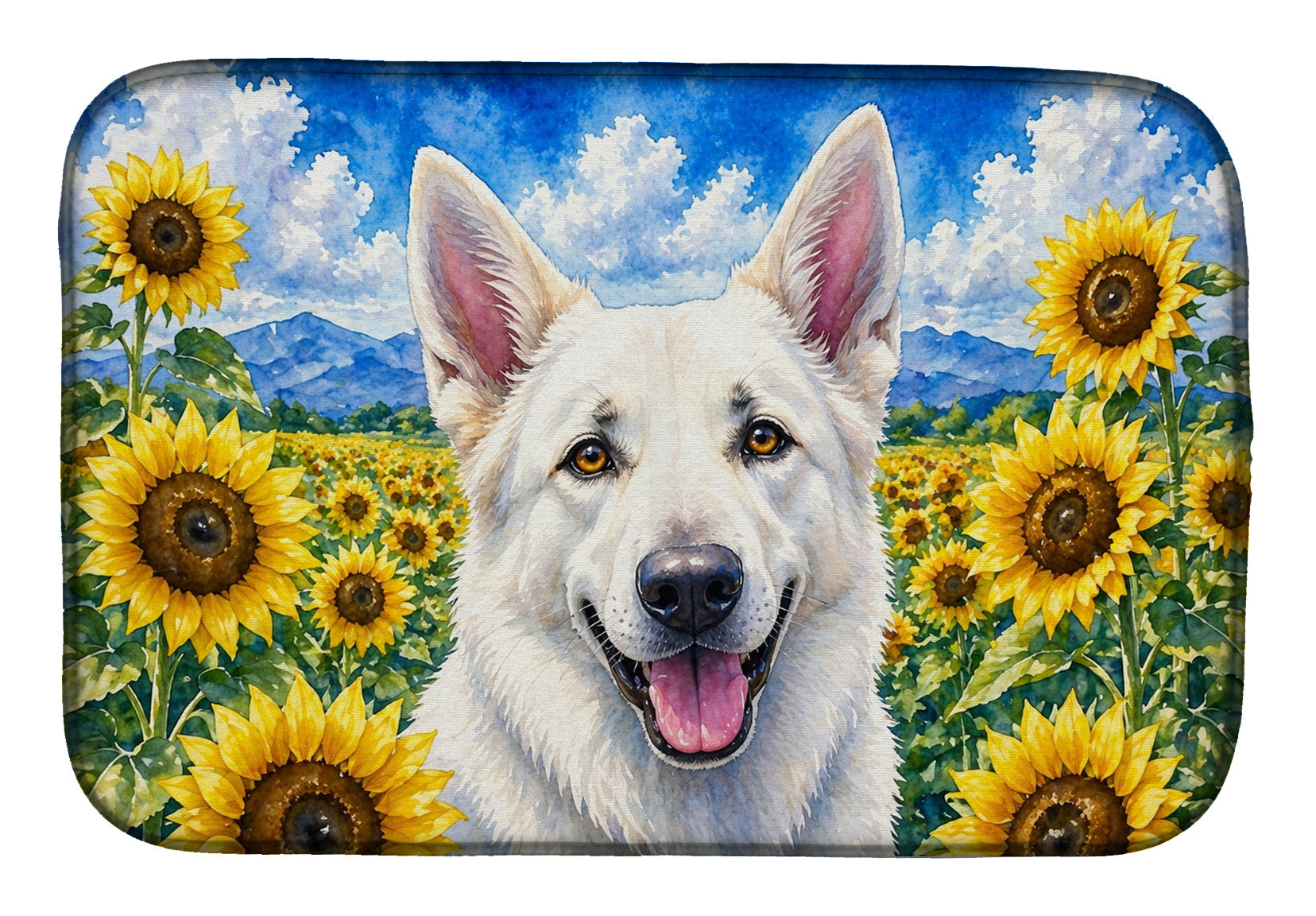 White German Shepherd in Sunflowers Dish Drying Mat Absorbent Dish Drying Mat Pad for Kitchen Counter Dish Drainer Mat for Countertop, 14 x 21", Multicolor
