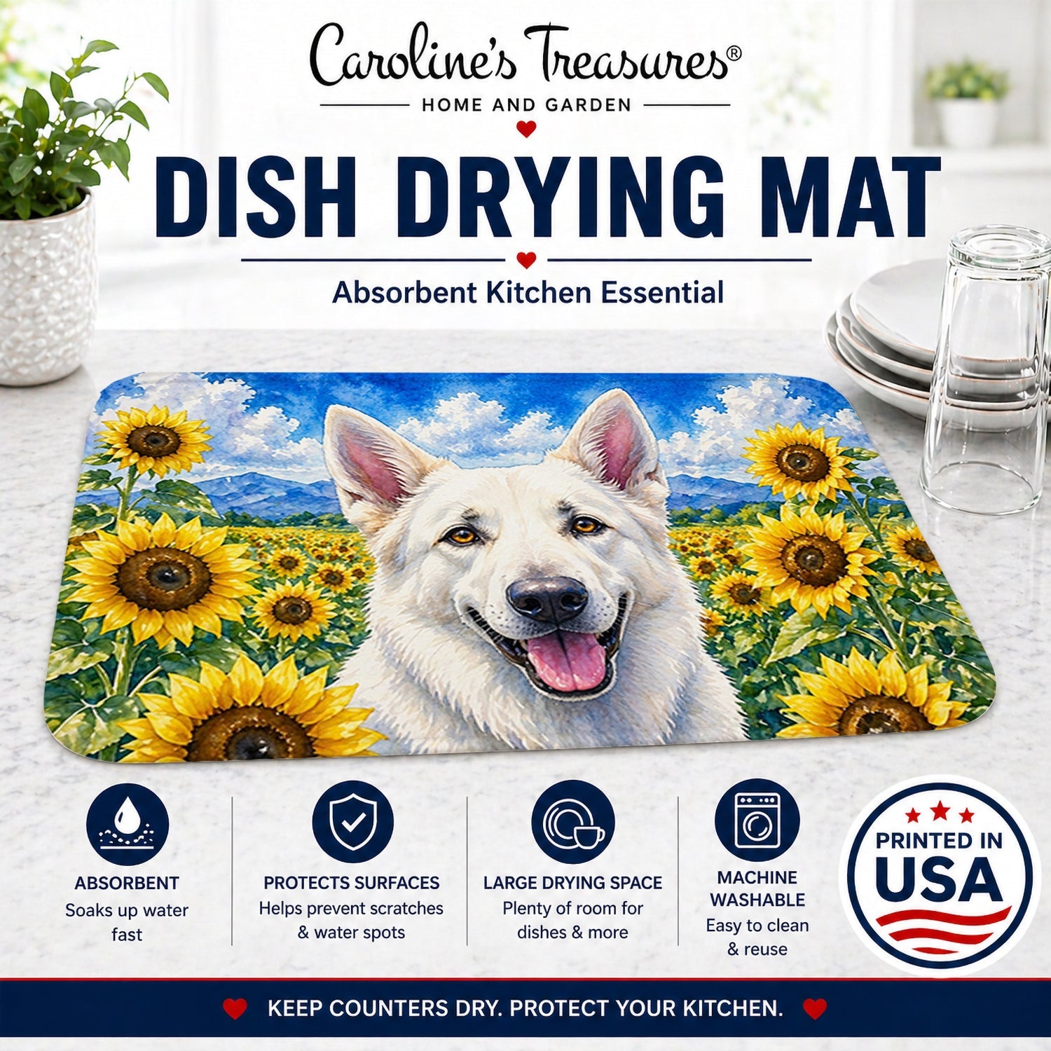 White German Shepherd in Sunflowers Dish Drying Mat Absorbent Dish Drying Mat Pad for Kitchen Counter Dish Drainer Mat for Countertop, 14 x 21", Multicolor