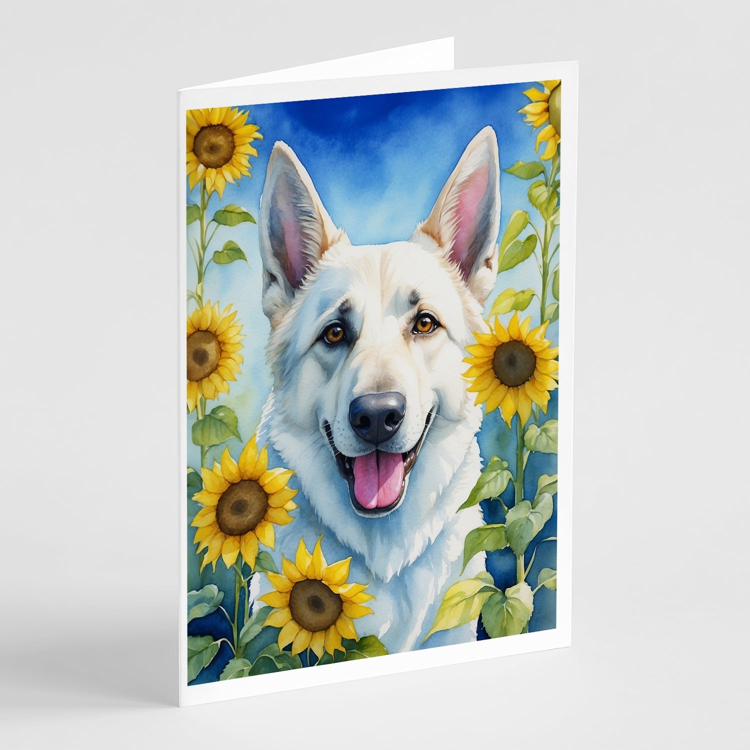 White German Shepherd in Sunflowers Greeting Cards Pack of 8 Blank Cards with Envelopes Whimsical A7 Size 5x7