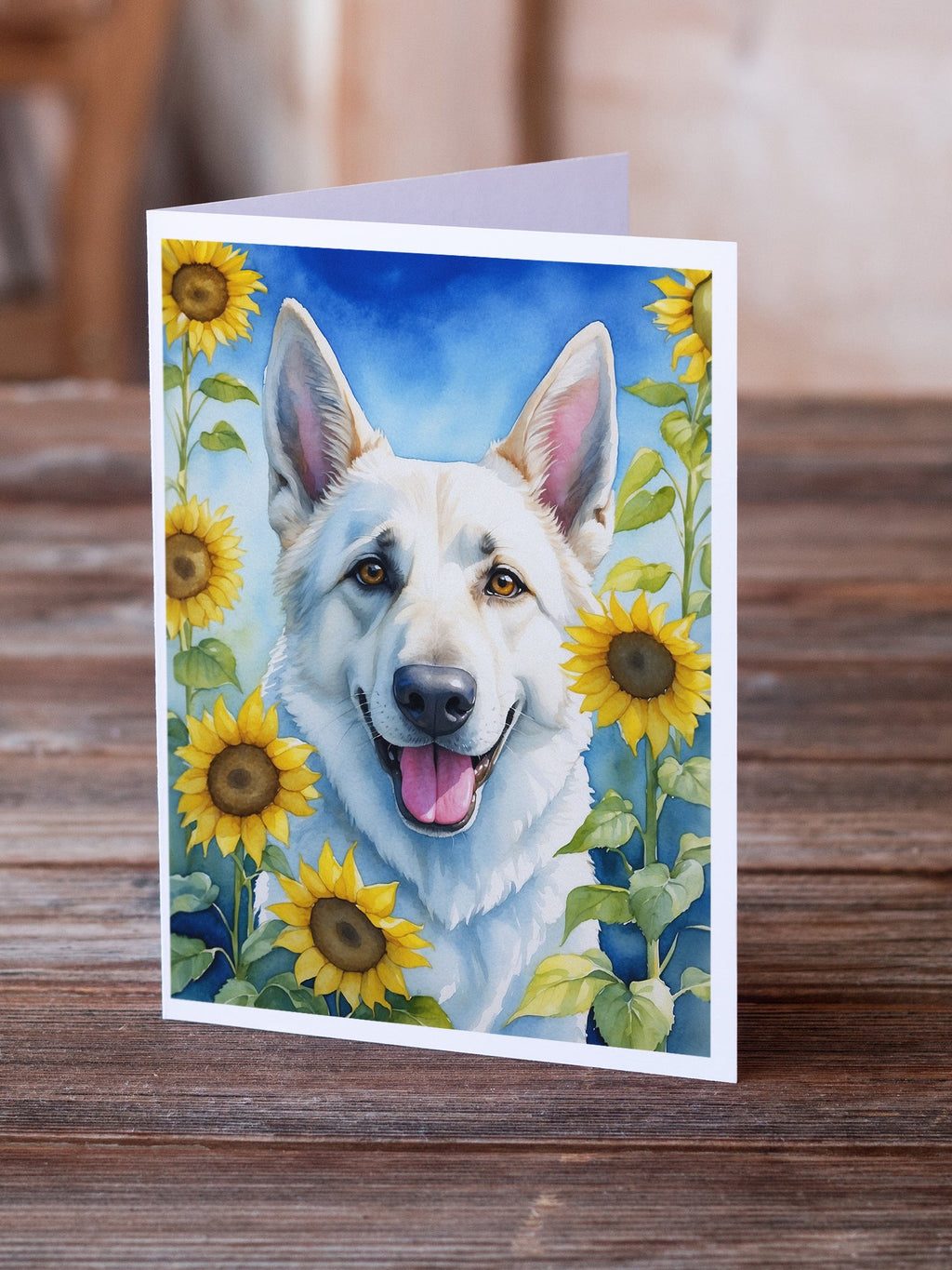 White German Shepherd in Sunflowers Greeting Cards Pack of 8 Blank Cards with Envelopes Whimsical A7 Size 5x7