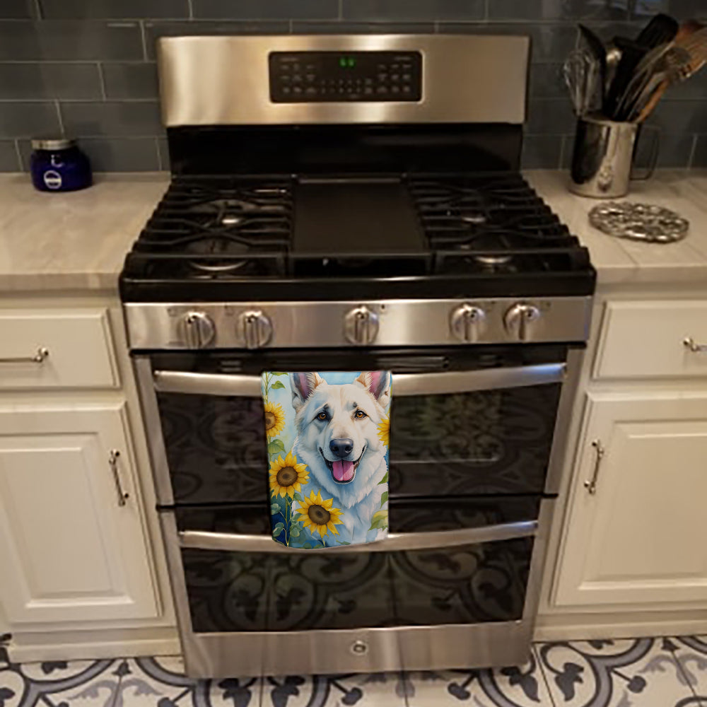 White German Shepherd in Sunflowers Kitchen Towel Velour Plush Front and Cotton Loop Back Machine Washable