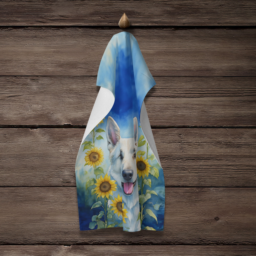 White German Shepherd in Sunflowers Kitchen Towel Velour Plush Front and Cotton Loop Back Machine Washable