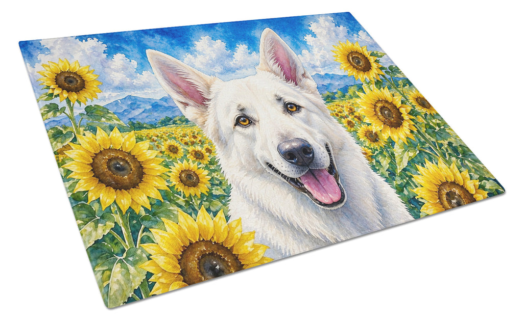 White German Shepherd in Sunflowers Cutting Board Tempered Glass Kitchen Cutting Surface, Heat Resistant Chopping Board with Non-Slip Feet, Decorative Food Prep & Serving