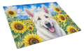 White German Shepherd in Sunflowers Cutting Board Tempered Glass Kitchen Cutting Surface, Heat Resistant Chopping Board with Non-Slip Feet, Decorative Food Prep & Serving