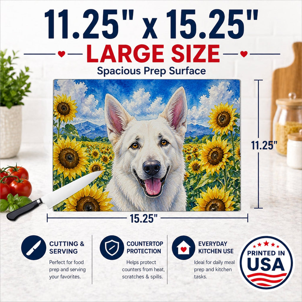 White German Shepherd in Sunflowers Cutting Board Tempered Glass Kitchen Cutting Surface, Heat Resistant Chopping Board with Non-Slip Feet, Decorative Food Prep & Serving