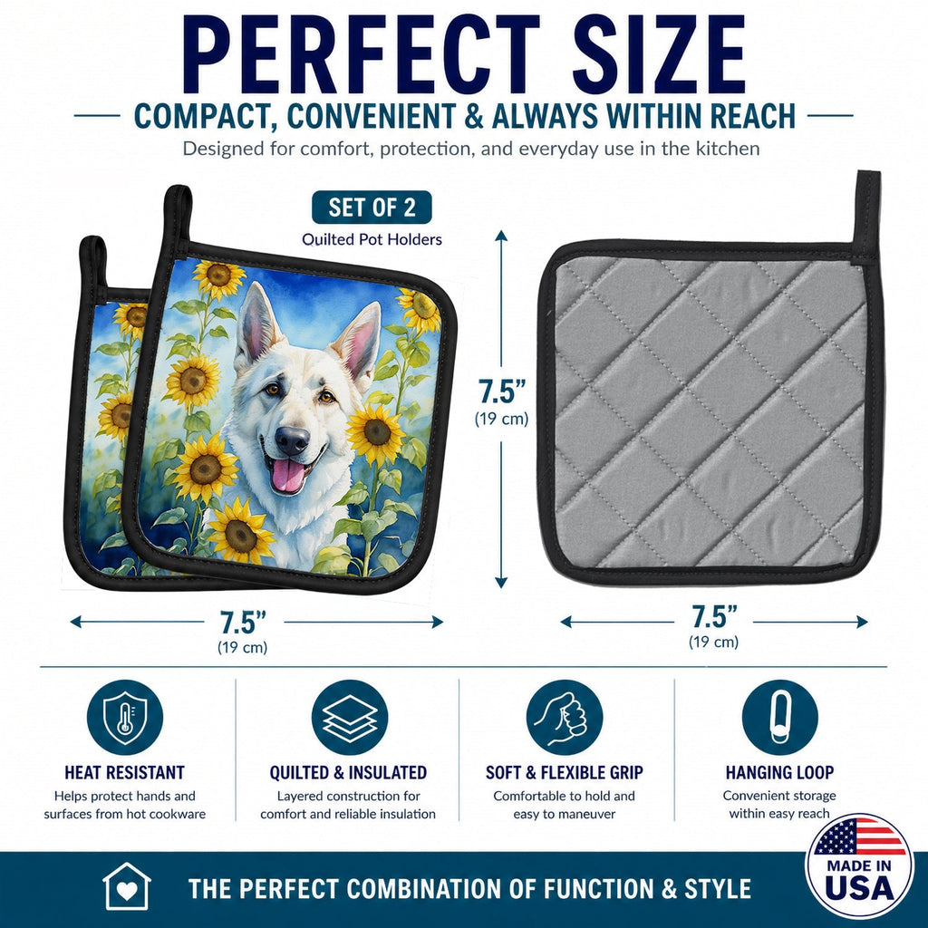 White German Shepherd in Sunflowers Pot Holder Set of 2 Heat Resistant Quilted Hot Pads 7.5 x 7.5 Inch, Insulated Kitchen Trivets for Cooking & Baking
