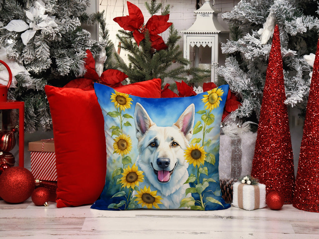 White German Shepherd in Sunflowers Decorative Throw Pillow 14x14 Indoor Outdoor Accent Cushion, Fabric Cover with Insert for Sofa, Bed, Porch & Living Room