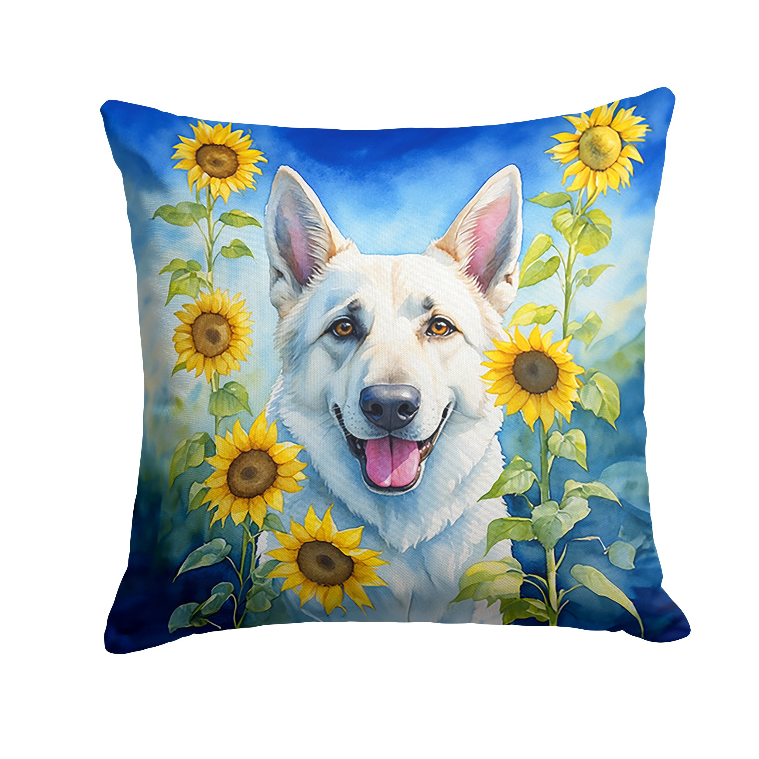 White German Shepherd in Sunflowers Decorative Throw Pillow 18x18 Indoor Outdoor Accent Cushion, Fabric Cover with Insert for Sofa, Bed, Porch & Living Room