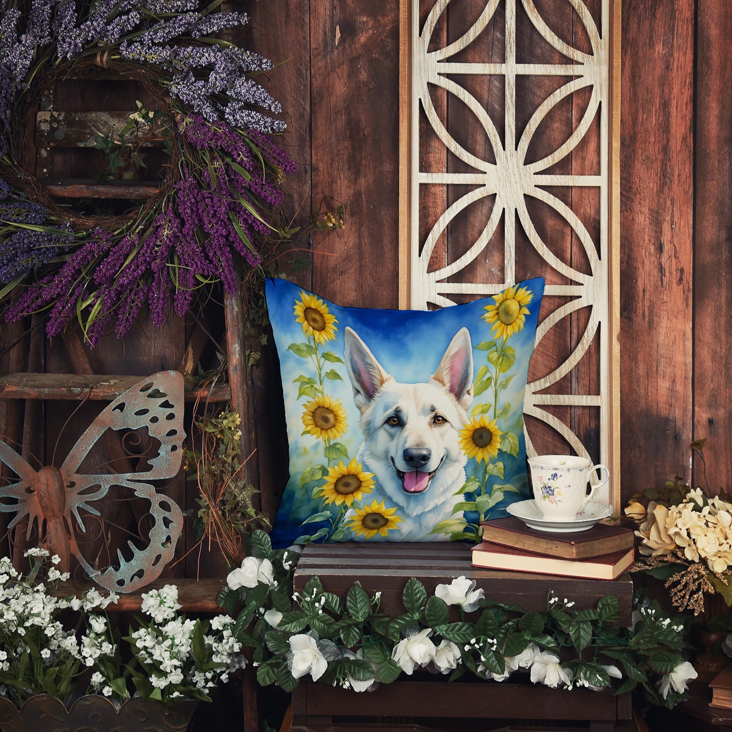 White German Shepherd in Sunflowers Decorative Throw Pillow 18x18 Indoor Outdoor Accent Cushion, Fabric Cover with Insert for Sofa, Bed, Porch & Living Room