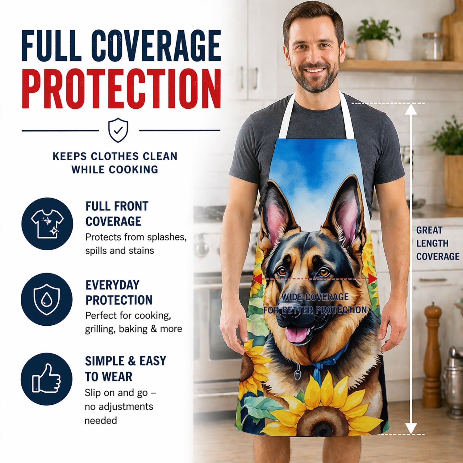 German Shepherd in Sunflowers Apron Cooking Kitchen Server Baking Crafts Gardening for Adult Women Men, Unisex, Large, Multicolor