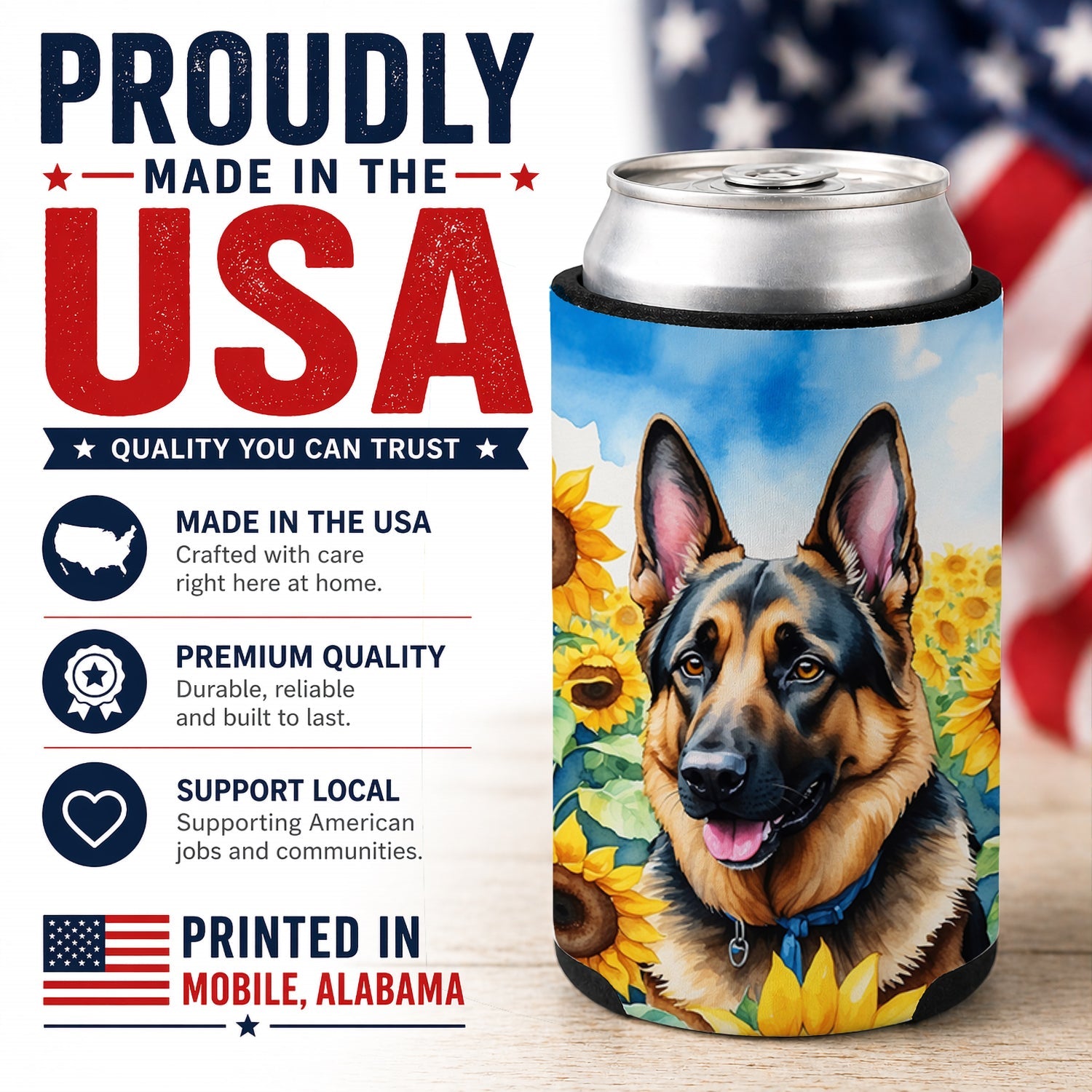 German Shepherd in Sunflowers Can or Bottle Hugger Cooler Sleeve for Standard 12 oz Cans, Insulated Foam Beer & Soda Can Hugger Reusable