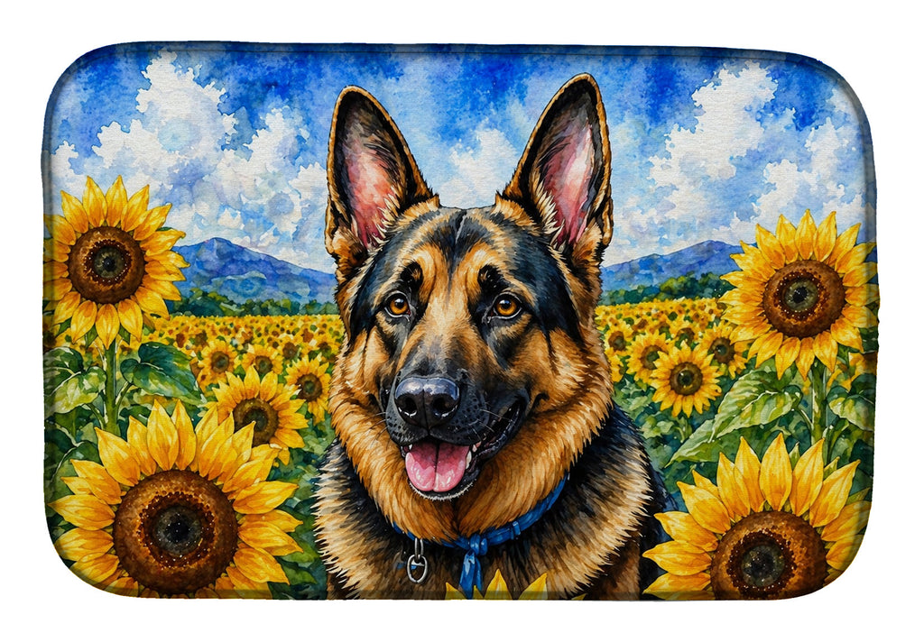 German Shepherd in Sunflowers Dish Drying Mat Absorbent Dish Drying Mat Pad for Kitchen Counter Dish Drainer Mat for Countertop, 14 x 21", Multicolor