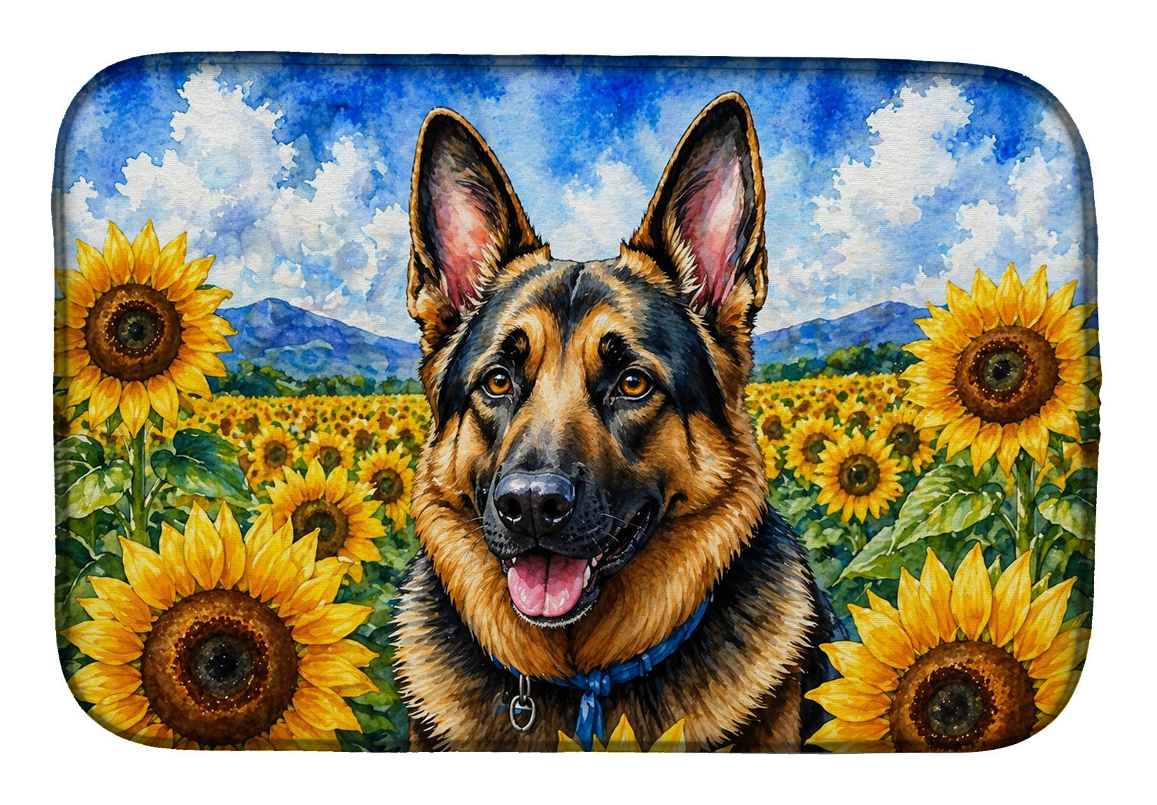 German Shepherd in Sunflowers Dish Drying Mat Absorbent Dish Drying Mat Pad for Kitchen Counter Dish Drainer Mat for Countertop, 14 x 21", Multicolor