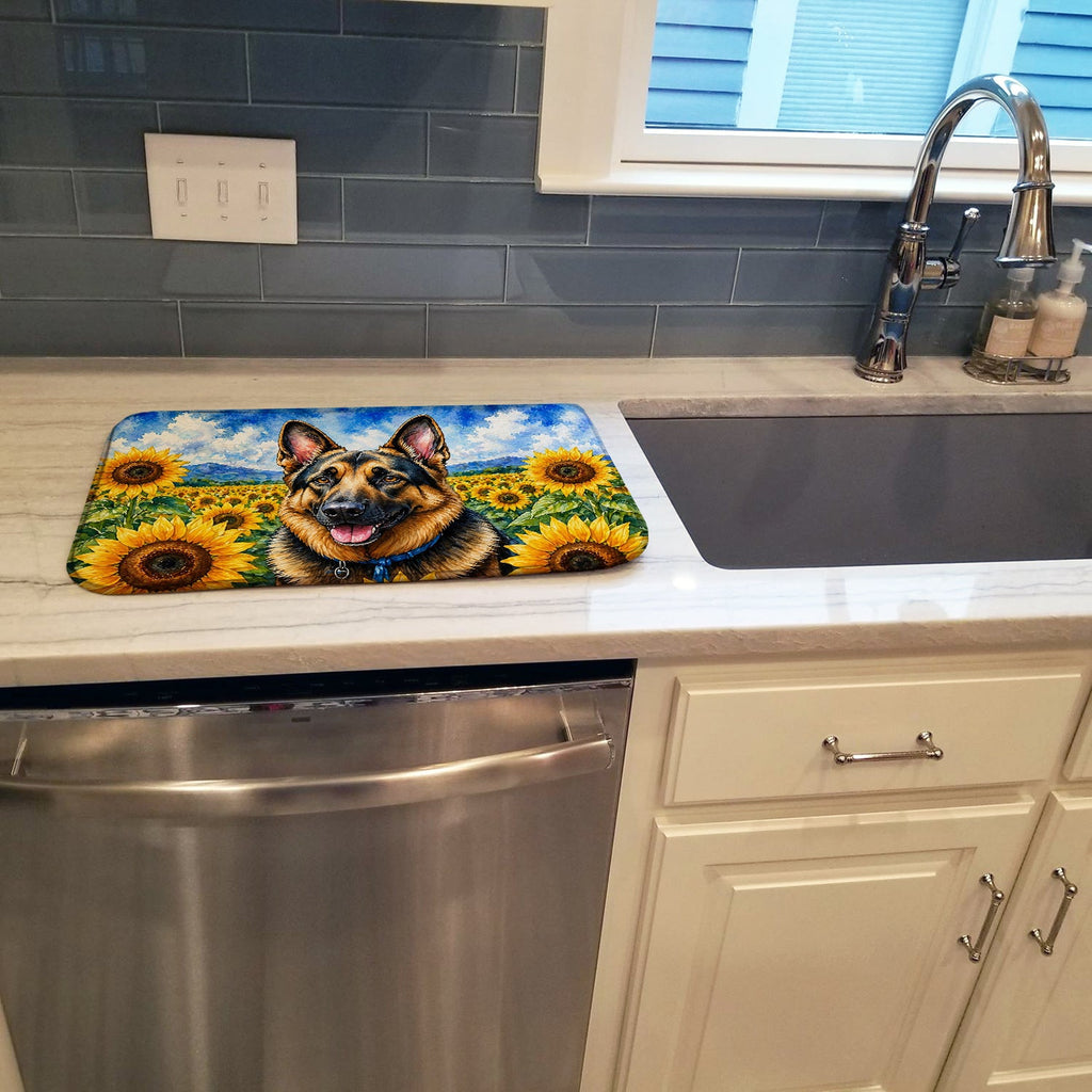 German Shepherd in Sunflowers Dish Drying Mat Absorbent Dish Drying Mat Pad for Kitchen Counter Dish Drainer Mat for Countertop, 14 x 21", Multicolor