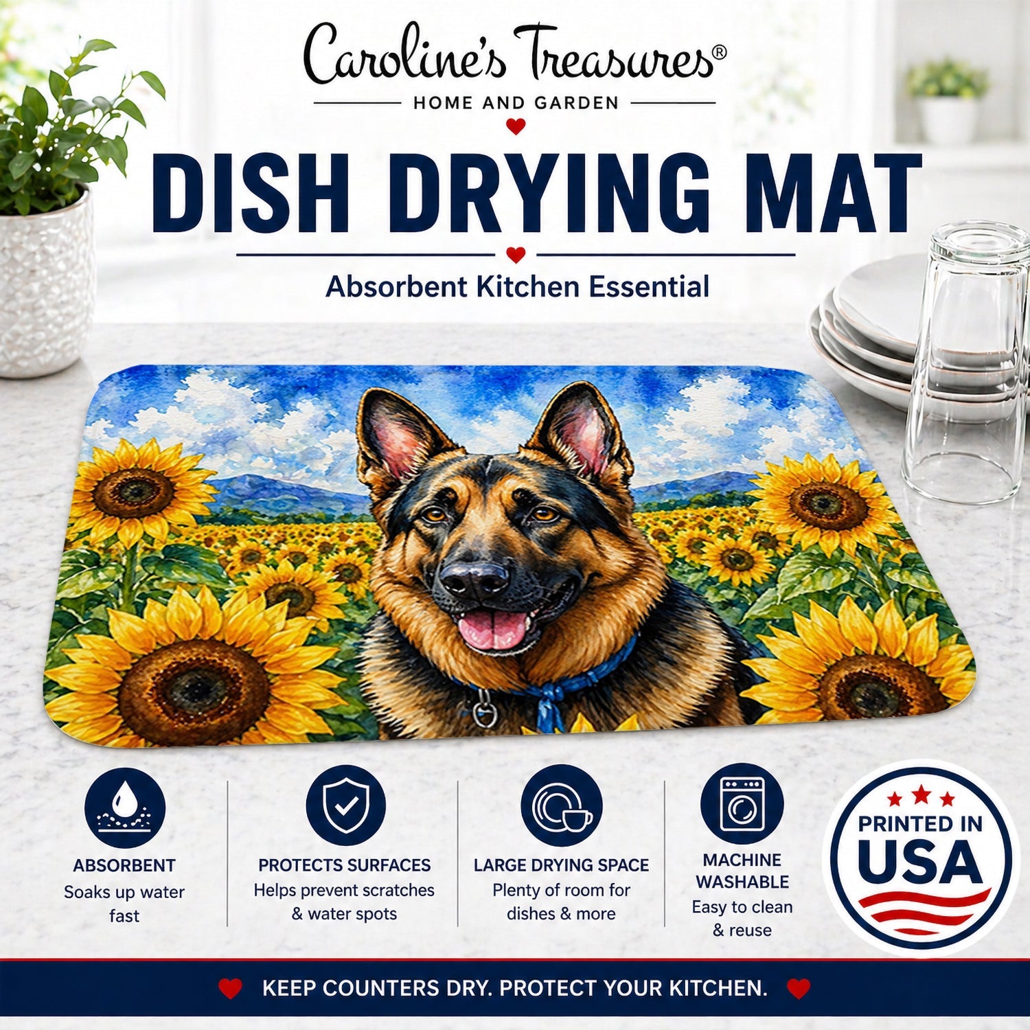 German Shepherd in Sunflowers Dish Drying Mat Absorbent Dish Drying Mat Pad for Kitchen Counter Dish Drainer Mat for Countertop, 14 x 21", Multicolor