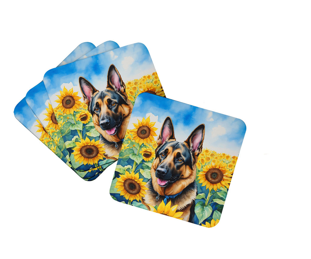 German Shepherd in Sunflowers Foam Coasters Set of 4 Cup Coasters for Indoor Outdoor, Tabletop Protection, Anti Slip, Mouse pad Material