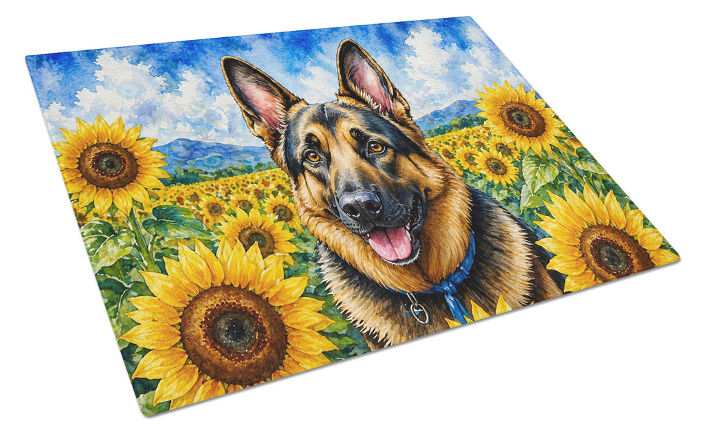 German Shepherd in Sunflowers Cutting Board Tempered Glass Kitchen Cutting Surface, Heat Resistant Chopping Board with Non-Slip Feet, Decorative Food Prep & Serving