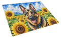 German Shepherd in Sunflowers Cutting Board Tempered Glass Kitchen Cutting Surface, Heat Resistant Chopping Board with Non-Slip Feet, Decorative Food Prep & Serving