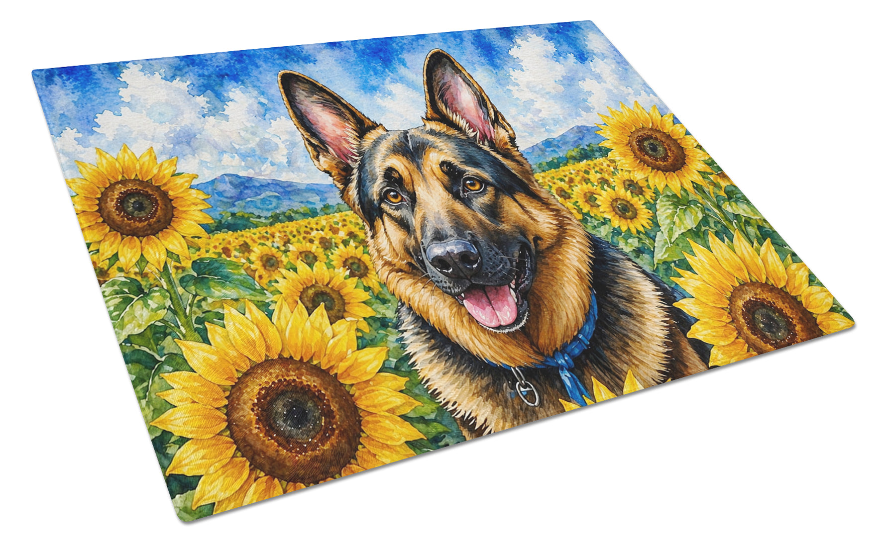 German Shepherd in Sunflowers Cutting Board Tempered Glass Kitchen Cutting Surface, Heat Resistant Chopping Board with Non-Slip Feet, Decorative Food Prep & Serving