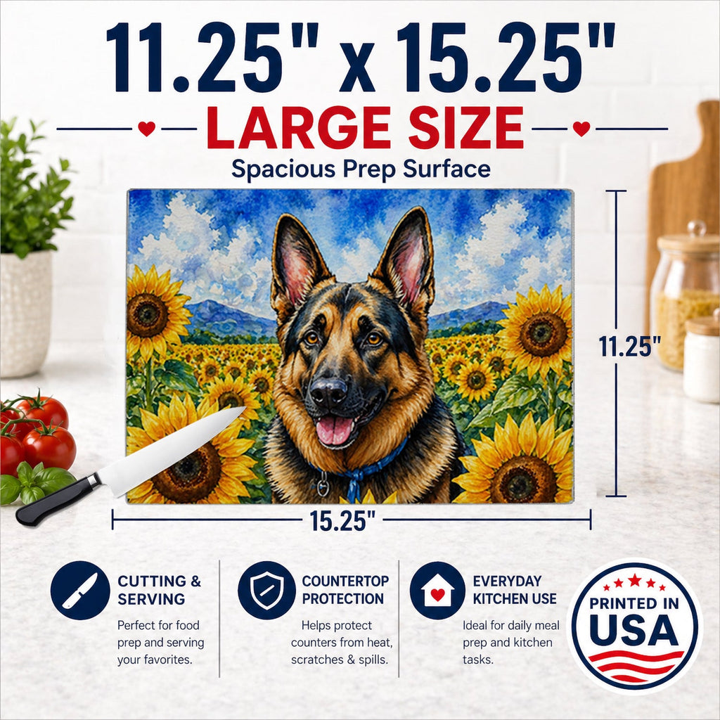 German Shepherd in Sunflowers Cutting Board Tempered Glass Kitchen Cutting Surface, Heat Resistant Chopping Board with Non-Slip Feet, Decorative Food Prep & Serving