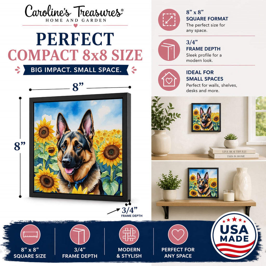 German Shepherd in Sunflowers Framed Metal Print Bathroom, Kitchen, Office, Home Decor Wall Art Ready to Hang, Square, 8X8