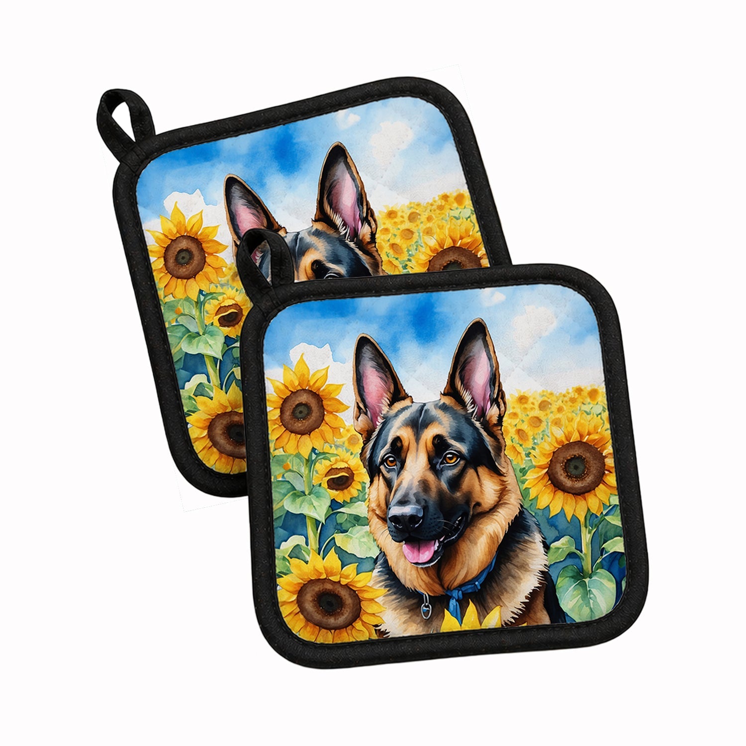 German Shepherd in Sunflowers Pot Holder Set of 2 Heat Resistant Quilted Hot Pads 7.5 x 7.5 Inch, Insulated Kitchen Trivets for Cooking & Baking