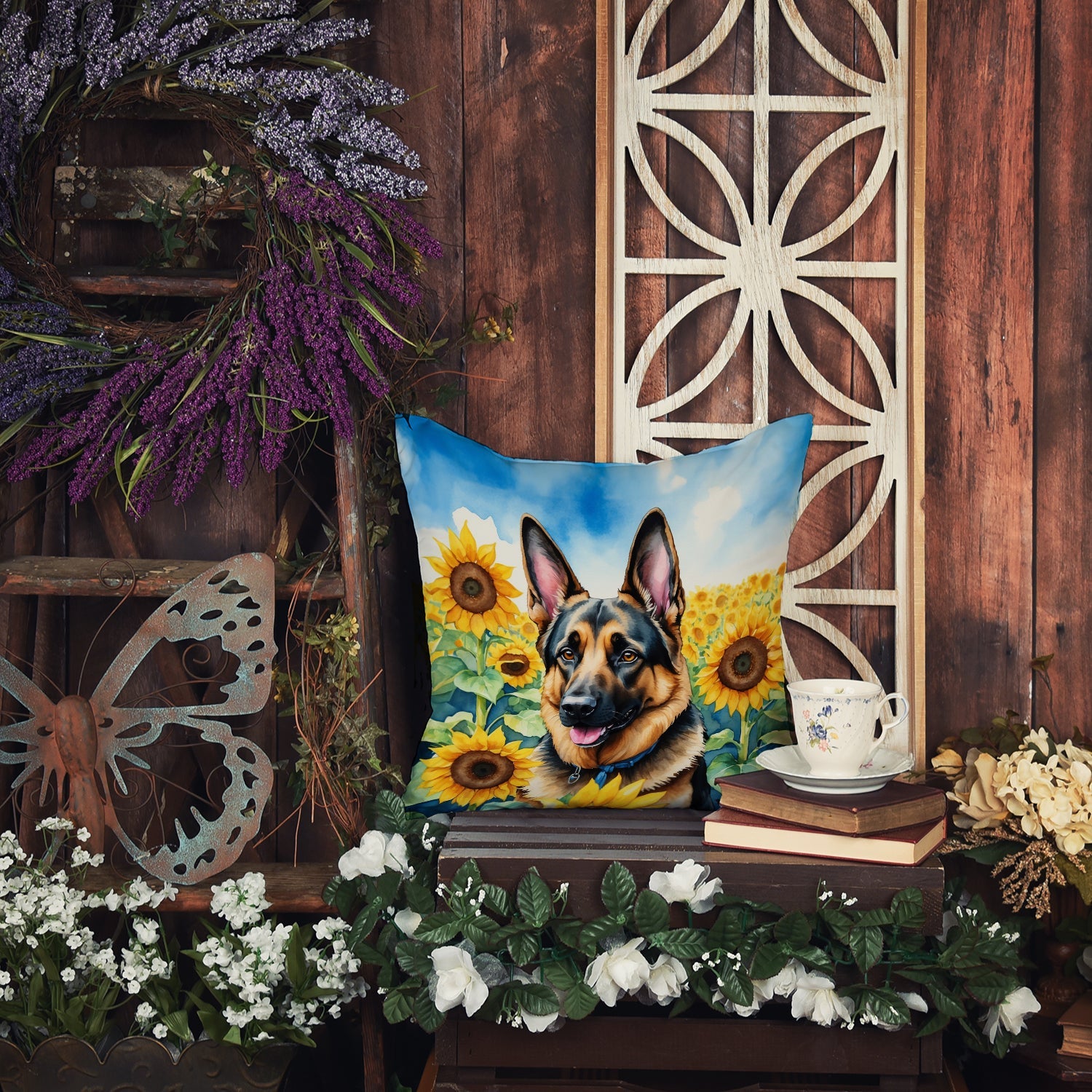 German Shepherd in Sunflowers Decorative Throw Pillow 14x14 Indoor Outdoor Accent Cushion, Fabric Cover with Insert for Sofa, Bed, Porch & Living Room