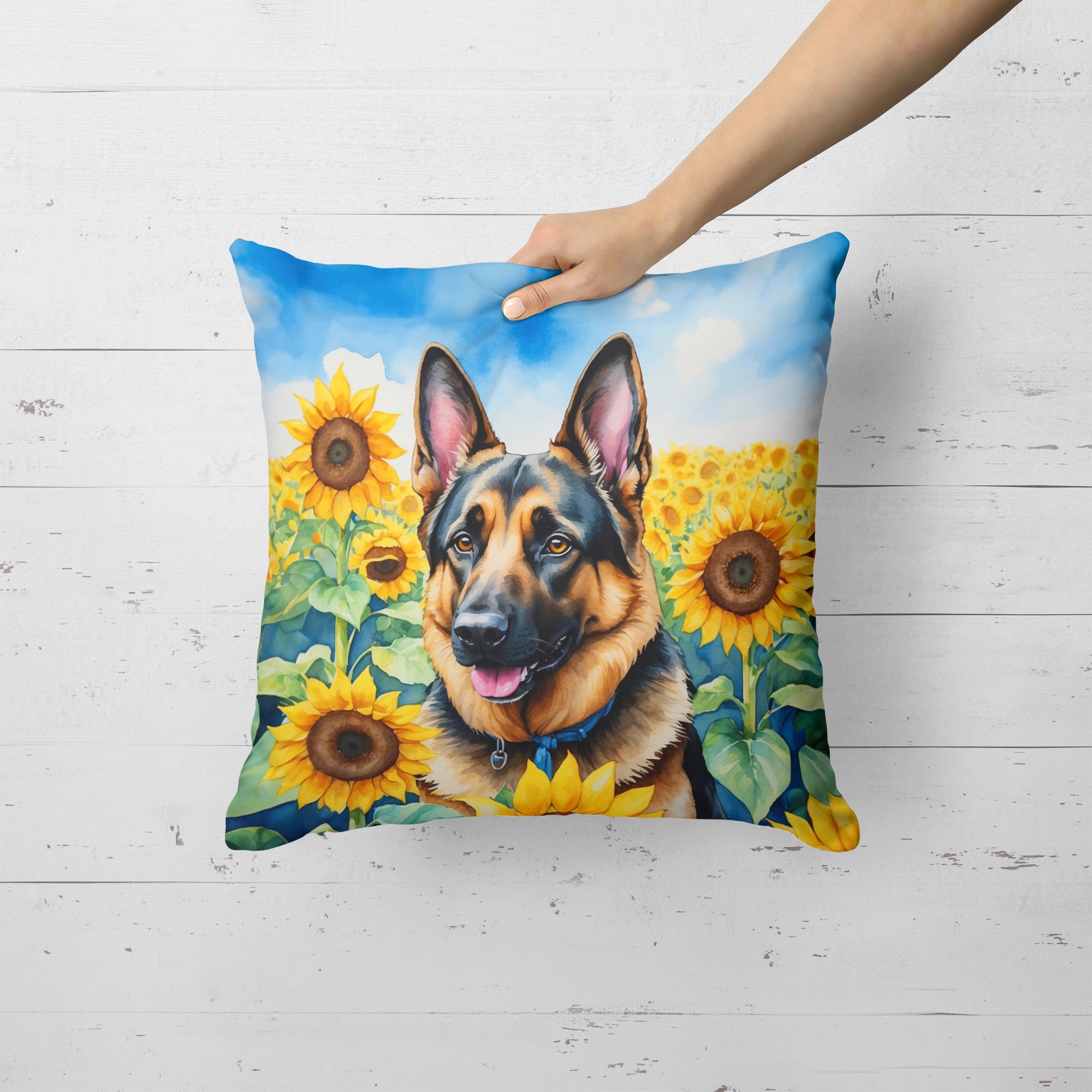 German Shepherd in Sunflowers Decorative Throw Pillow 18x18 Indoor Outdoor Accent Cushion, Fabric Cover with Insert for Sofa, Bed, Porch & Living Room