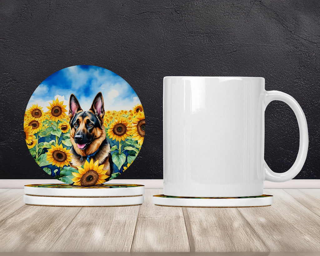 German Shepherd in Sunflowers Large Sandstone Coasters Pack of 4 Absorbent Round Coasters Decor Gifts for Men or Women, 4 in, Multicolor