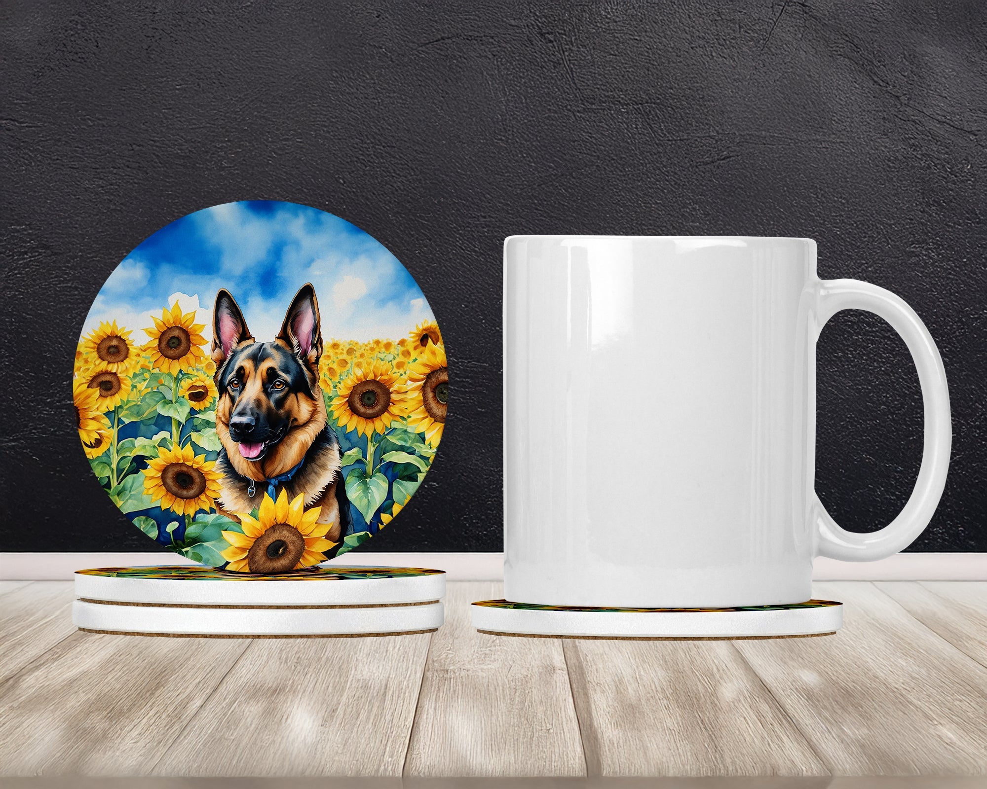 German Shepherd in Sunflowers Large Sandstone Coasters Pack of 4 Absorbent Round Coasters Decor Gifts for Men or Women, 4 in, Multicolor