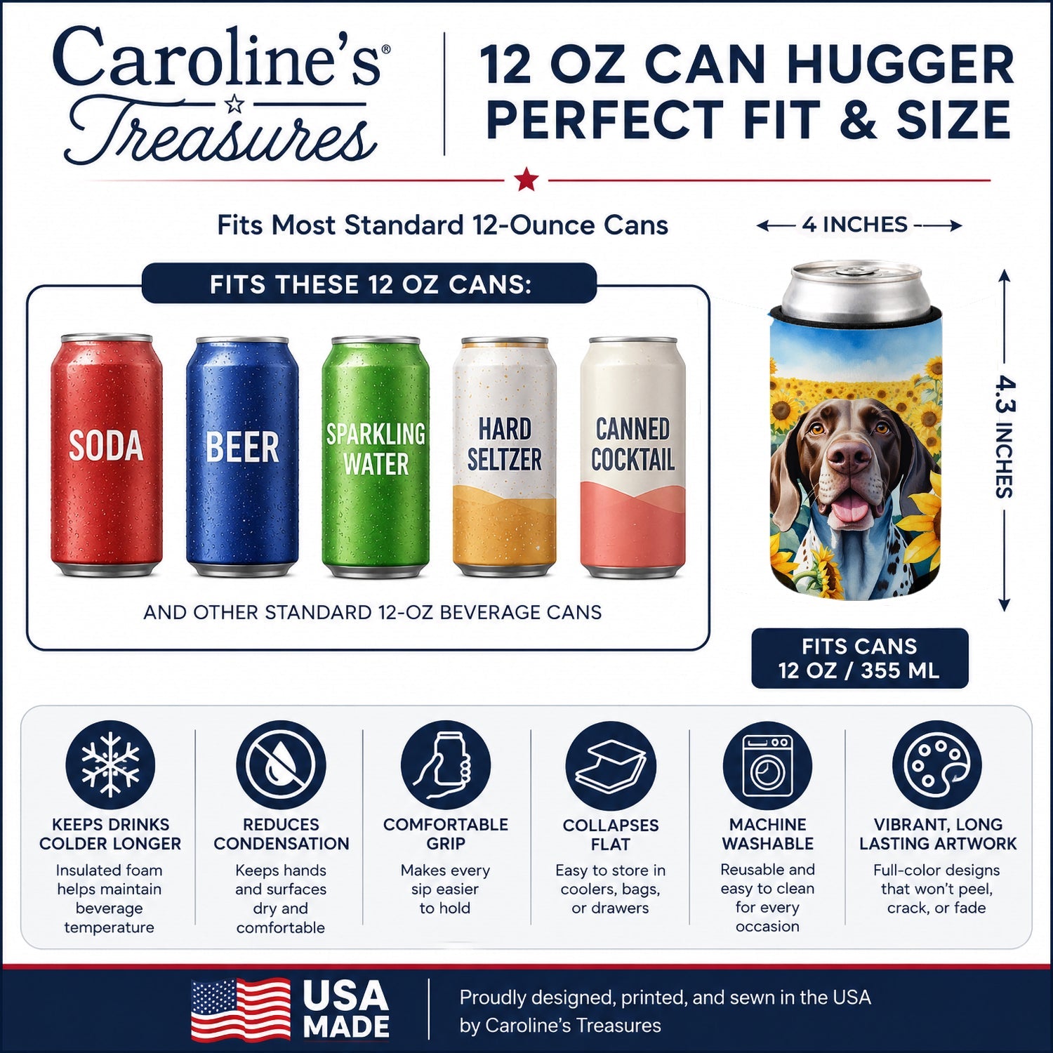 German Shorthaired Pointer in Sunflowers Can or Bottle Hugger Cooler Sleeve for Standard 12 oz Cans, Insulated Foam Beer & Soda Can Hugger Reusable