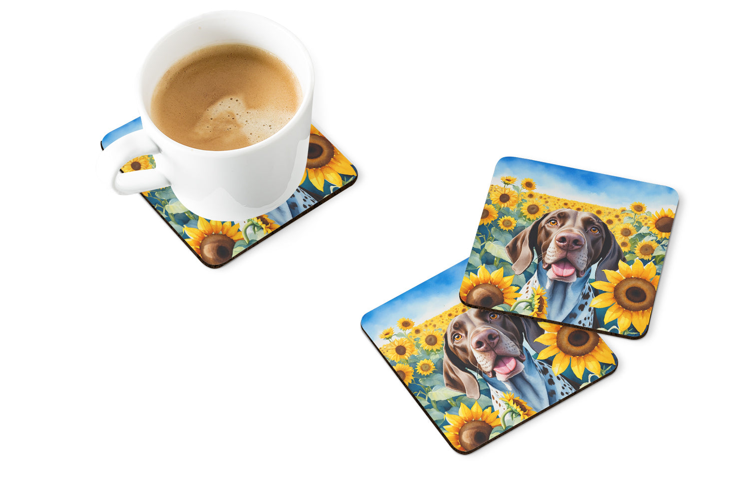 German Shorthaired Pointer in Sunflowers Foam Coasters Set of 4 Cup Coasters for Indoor Outdoor, Tabletop Protection, Anti Slip, Mouse pad Material