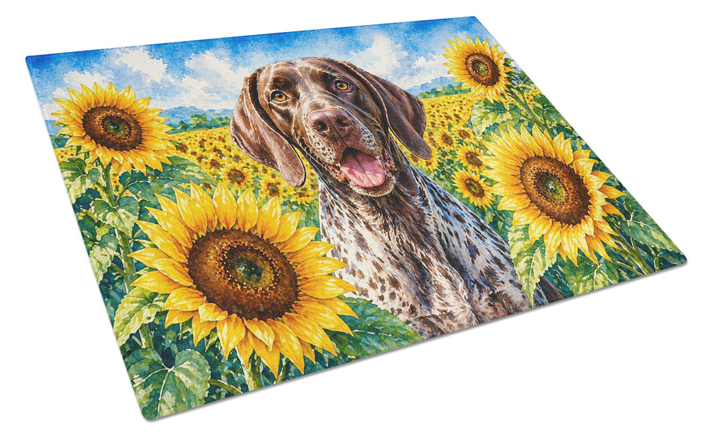 German Shorthaired Pointer in Sunflowers Cutting Board Tempered Glass Kitchen Cutting Surface, Heat Resistant Chopping Board with Non-Slip Feet, Decorative Food Prep & Serving