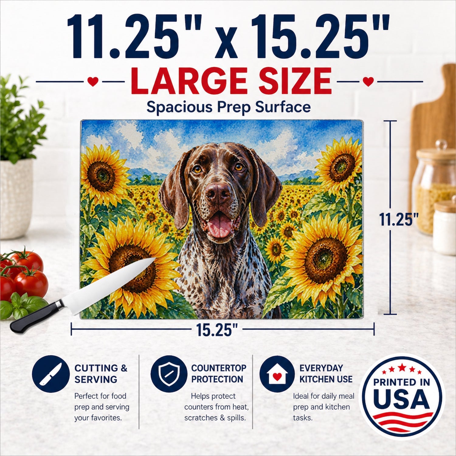 German Shorthaired Pointer in Sunflowers Cutting Board Tempered Glass Kitchen Cutting Surface, Heat Resistant Chopping Board with Non-Slip Feet, Decorative Food Prep & Serving
