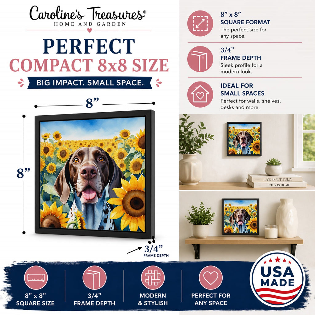 German Shorthaired Pointer in Sunflowers Framed Metal Print Bathroom, Kitchen, Office, Home Decor Wall Art Ready to Hang, Square, 8X8