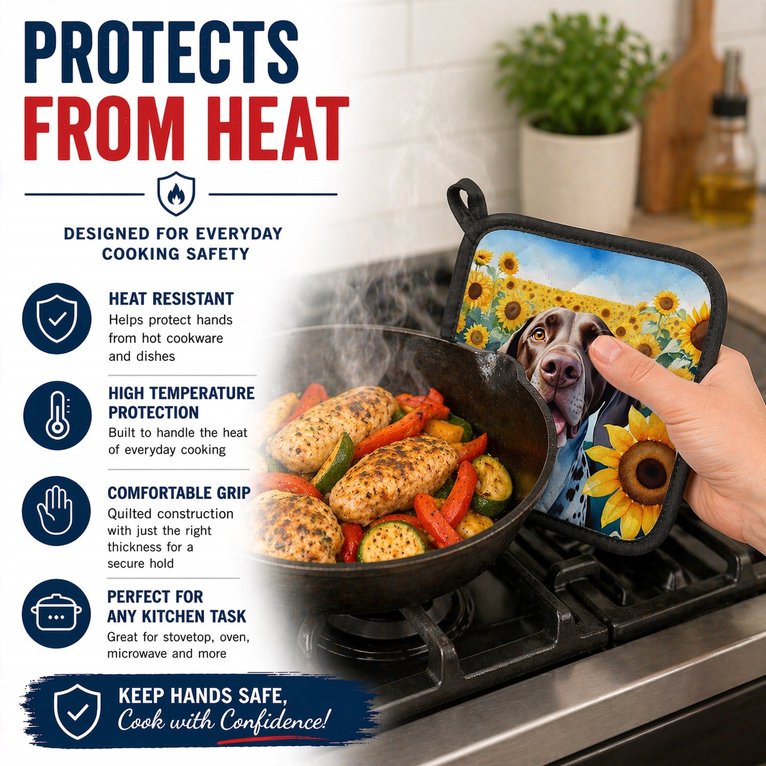German Shorthaired Pointer in Sunflowers Pot Holder Set of 2 Heat Resistant Quilted Hot Pads 7.5 x 7.5 Inch, Insulated Kitchen Trivets for Cooking & Baking