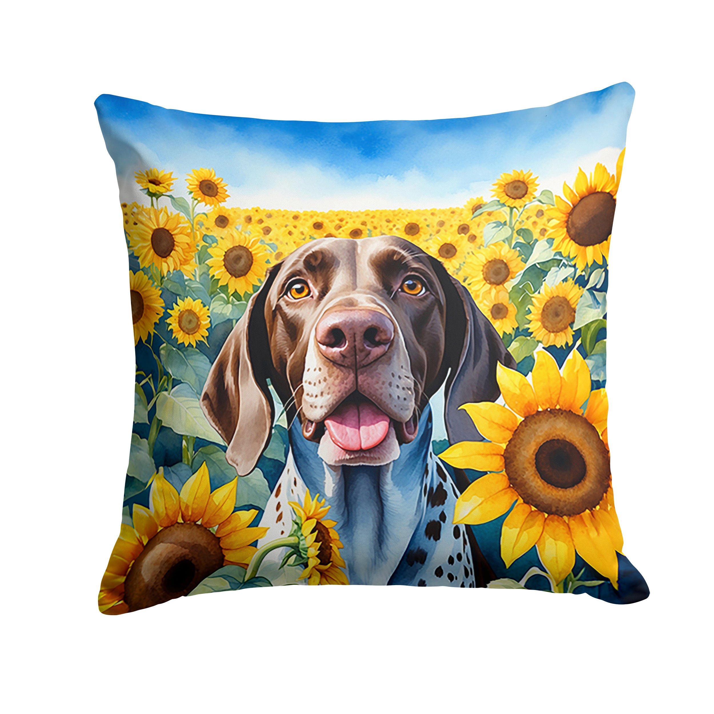 German Shorthaired Pointer in Sunflowers Decorative Throw Pillow 14x14 Indoor Outdoor Accent Cushion, Fabric Cover with Insert for Sofa, Bed, Porch & Living Room