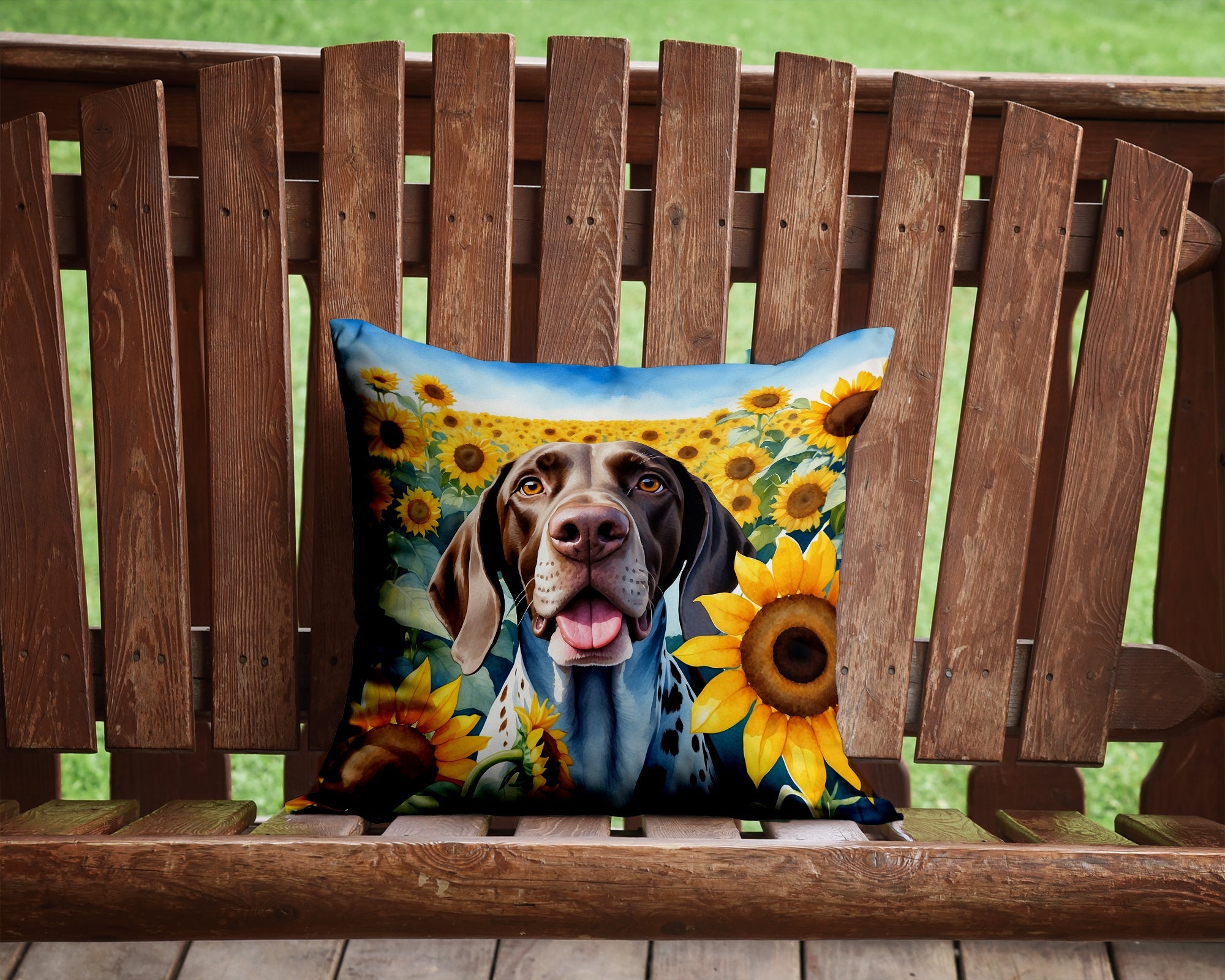 German Shorthaired Pointer in Sunflowers Decorative Throw Pillow 14x14 Indoor Outdoor Accent Cushion, Fabric Cover with Insert for Sofa, Bed, Porch & Living Room