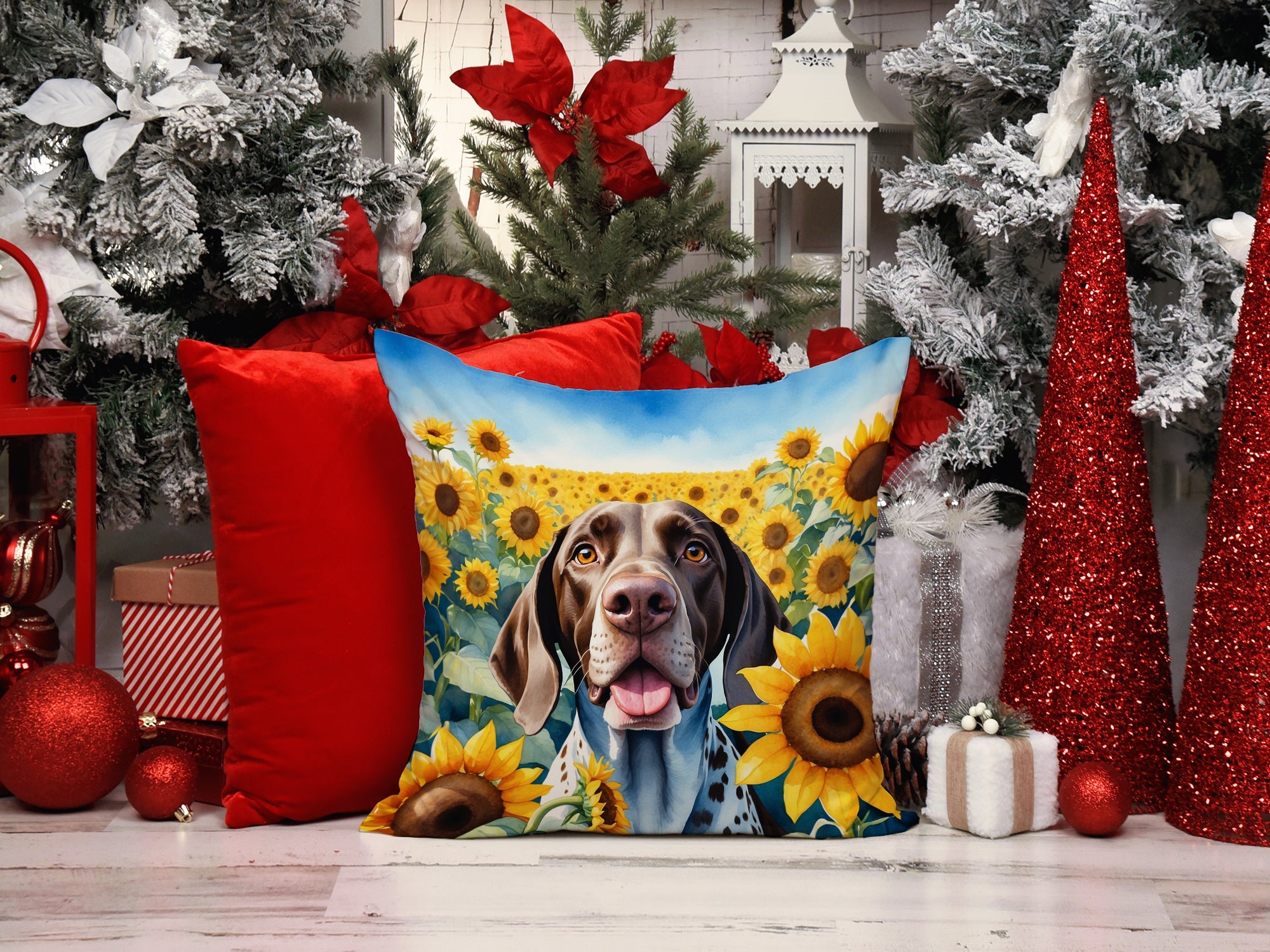 German Shorthaired Pointer in Sunflowers Decorative Throw Pillow 14x14 Indoor Outdoor Accent Cushion, Fabric Cover with Insert for Sofa, Bed, Porch & Living Room