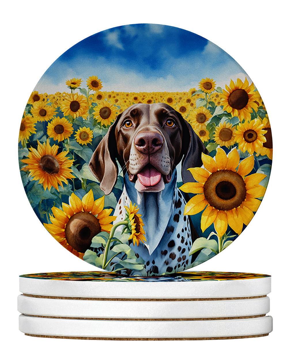 German Shorthaired Pointer in Sunflowers Large Sandstone Coasters Pack of 4 Absorbent Round Coasters Decor Gifts for Men or Women, 4 in, Multicolor