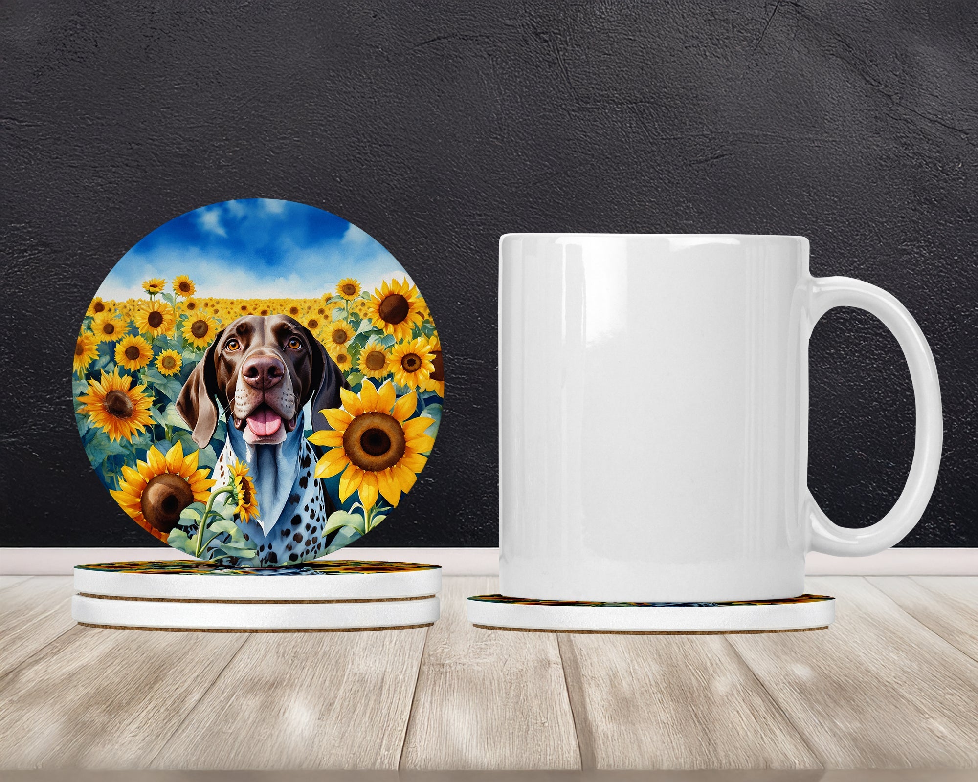 German Shorthaired Pointer in Sunflowers Large Sandstone Coasters Pack of 4 Absorbent Round Coasters Decor Gifts for Men or Women, 4 in, Multicolor