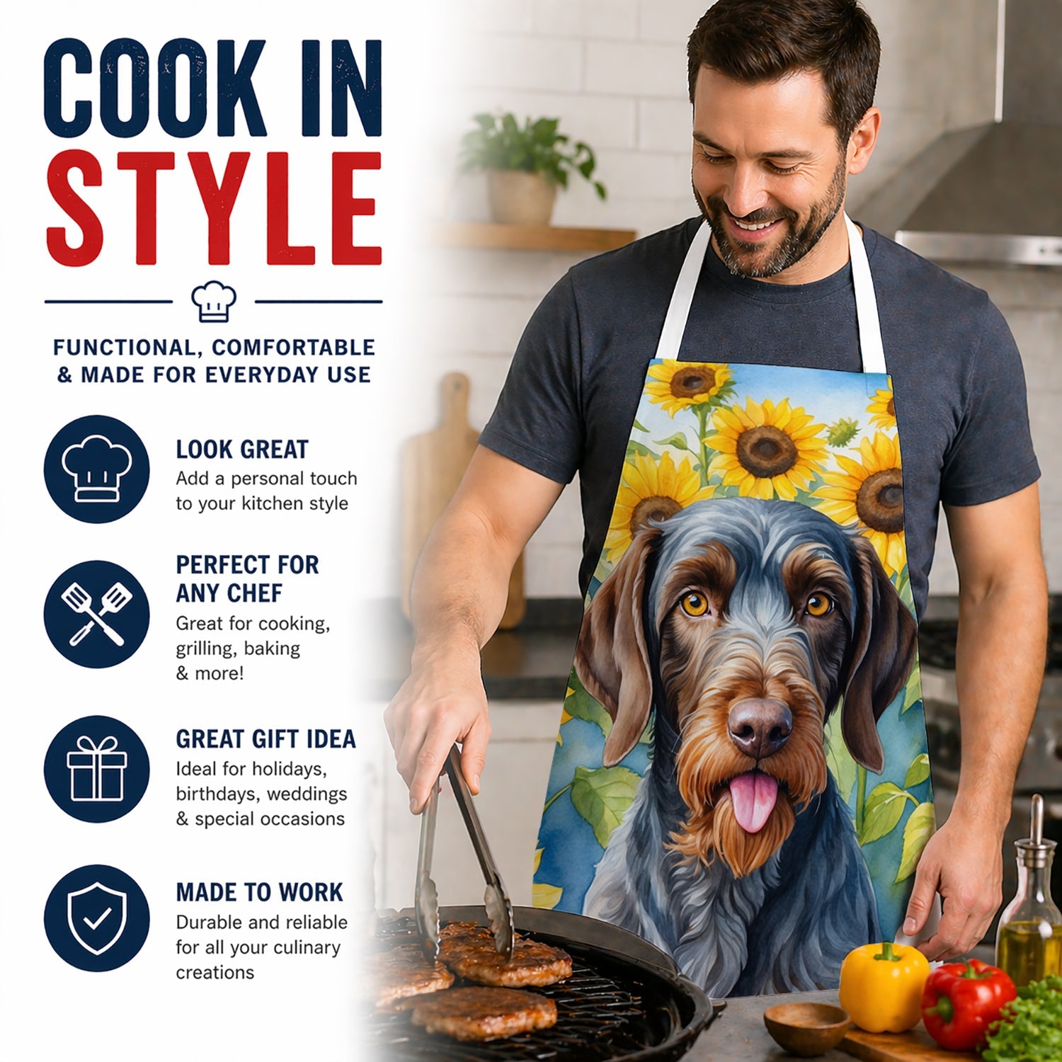 German Wirehaired Pointer in Sunflowers Apron Cooking Kitchen Server Baking Crafts Gardening for Adult Women Men, Unisex, Large, Multicolor