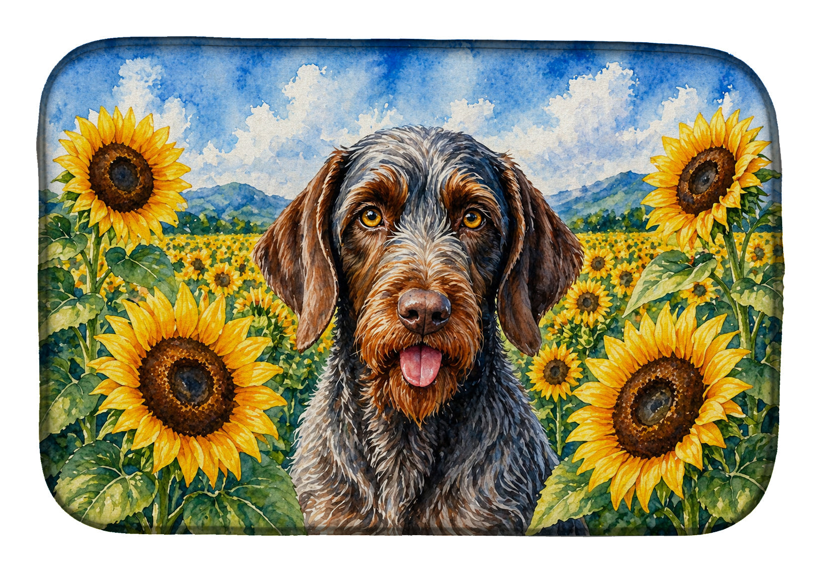 German Wirehaired Pointer in Sunflowers Dish Drying Mat Absorbent Dish Drying Mat Pad for Kitchen Counter Dish Drainer Mat for Countertop, 14 x 21", Multicolor