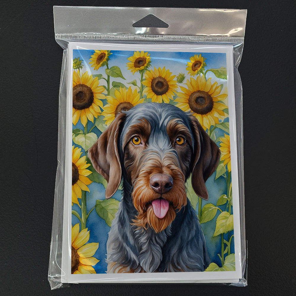 German Wirehaired Pointer in Sunflowers Greeting Cards Pack of 8 Blank Cards with Envelopes Whimsical A7 Size 5x7