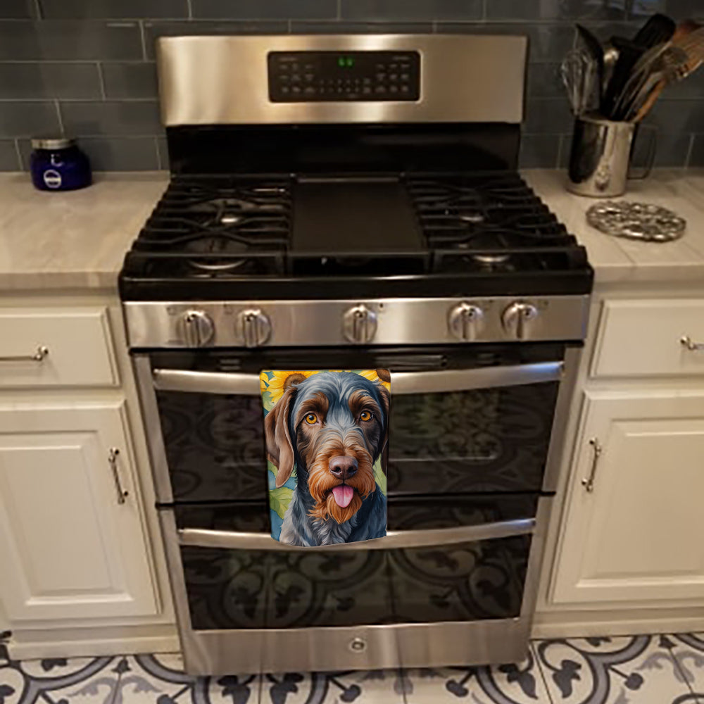 German Wirehaired Pointer in Sunflowers Kitchen Towel Velour Plush Front and Cotton Loop Back Machine Washable