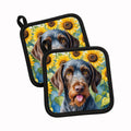German Wirehaired Pointer in Sunflowers Pot Holder Set of 2 Heat Resistant Quilted Hot Pads 7.5 x 7.5 Inch, Insulated Kitchen Trivets for Cooking & Baking
