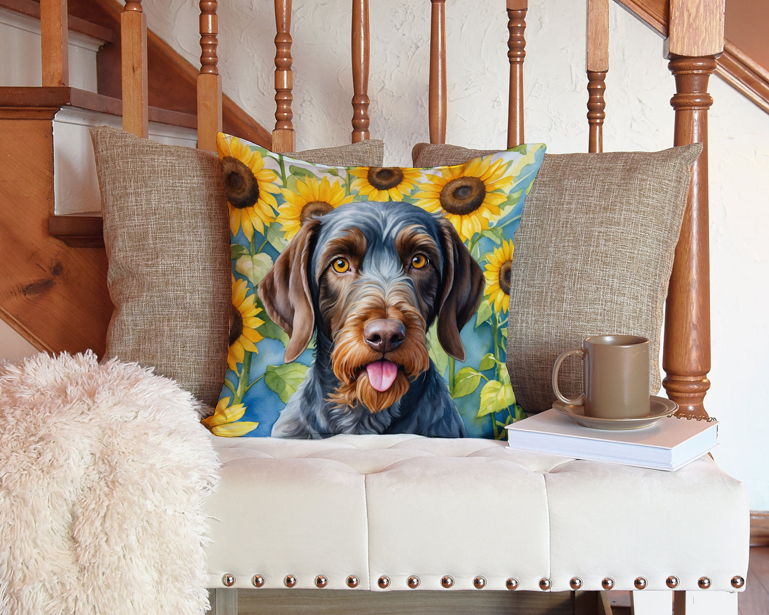 German Wirehaired Pointer in Sunflowers Decorative Throw Pillow 14x14 Indoor Outdoor Accent Cushion, Fabric Cover with Insert for Sofa, Bed, Porch & Living Room