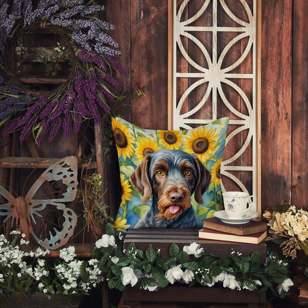 German Wirehaired Pointer in Sunflowers Decorative Throw Pillow 14x14 Indoor Outdoor Accent Cushion, Fabric Cover with Insert for Sofa, Bed, Porch & Living Room
