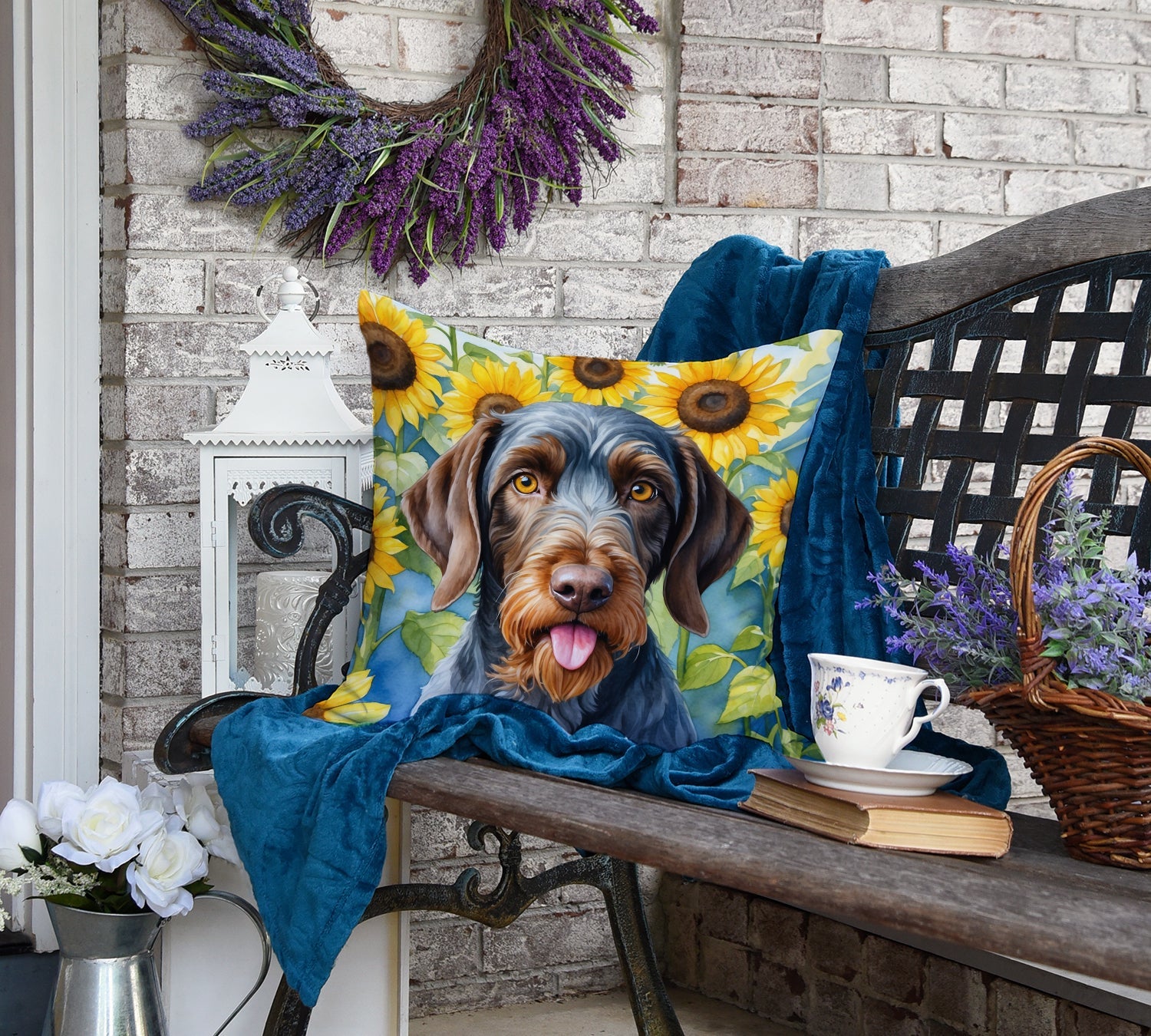 German Wirehaired Pointer in Sunflowers Decorative Throw Pillow 18x18 Indoor Outdoor Accent Cushion, Fabric Cover with Insert for Sofa, Bed, Porch & Living Room